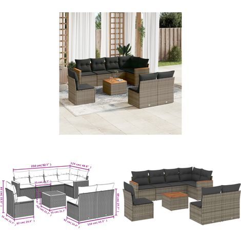 9-tlg. Garten-Sofagarnitur mit Kissen Grau Poly Rattan - Gartenmöbel Set - Gartensorte - Outdoor Möbel - Lounge Sofa - Esstisch - Home & Living (1/3)