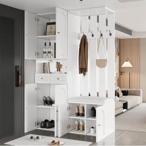 Mueble de entrada 110x37x180 cm, con banco, almacenaje de zapatos, 6 puertas, 2 cajones y 4 ganchos, blanco (1/5)