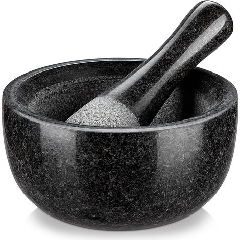 Mortier et Pilon Cuisine en Granit, pour Epices et Herbes, Diamètre de 16cm, Emsemble de Mortier, Poli Pierre Naturelle (1/5)