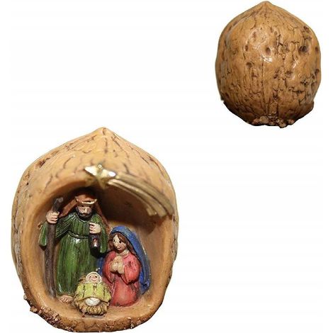 TRADE SHOP - Presepe Natività Dentro Noce Resina 4,5cm Decoro Sacra Famiglia Decorazione Natale -