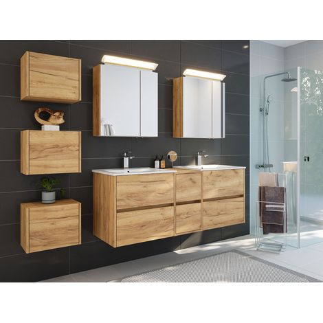 Badmöbelset Taifun 150cm 4tlg mit 2x Spiegelschrank und 3er Boxen Set eiche gold