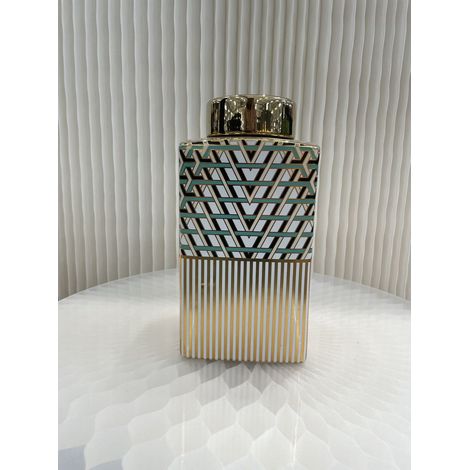Grand vase décoratif vert et doré avec couvercle pour intérieur modèle 7543-11 - PANGIVO (1/3)