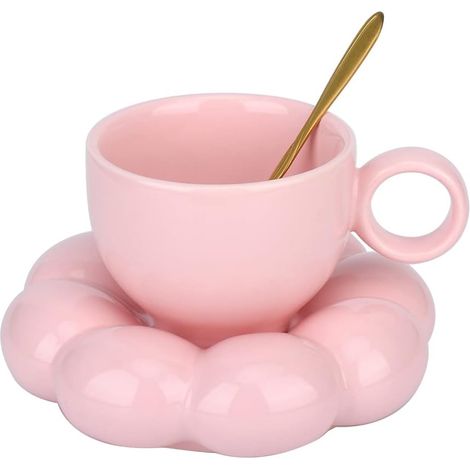 Keramik-Kaffeetasse, wolkenförmiges Kaffeeset mit Untertasse, hübsche Tasse mit Blumenlöffel und Sonnenblumen-Untertasse, Kawaii-Teetasse mit Untertasse (1/5)