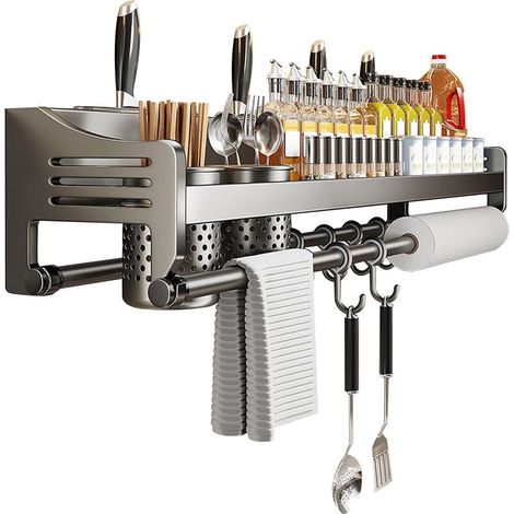 1 - Étagère Murale - Porte-Épices - Rangement Cuisine - Avec Porte-Sopalin Et Crochets - Pour Bocaux Et Ustensiles - Gris - 60x20cm (1/5)