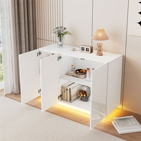 Buffet blanc laqué 120 x 40 x 75 cm, 3 portes, LED intégrées (télécommande & Bluetooth), capacité 60 kg