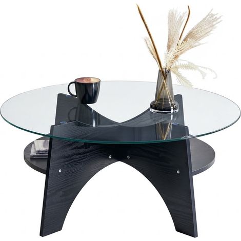 ELVMI Tavolino da Salotto Rotondo con Piano in Vetro Temperato e Base a Ventaglio per Soggiorno, MDF, Nero Trasparente (1/5)