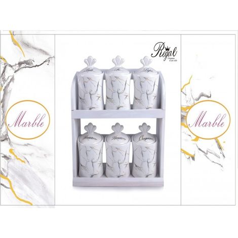 Set 6 Barattoli da Cucina Spezie in Ceramica + Mensola Decoro Marble (1/3)