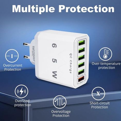 Chargeur USB - 65 W - 6 Ports - QC 3.0 + USB 3.1 - Compatible Multimarque - 1 Unité (1/5)