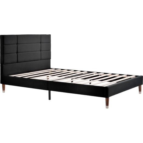 Cama doble tapizada 140 x 200 cm con somier de láminas, negro, cabecero de lino, HOMVRA (1/5)