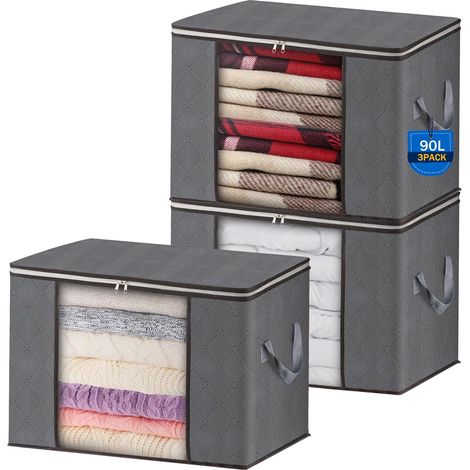 AIOR 3Pcs 90L Sac de Rangement Vetement Pliable avec FenêTre Transparente, Non-tissé Grande Boite Rangement Vetement pour Couettes, Couvertures Jouets VêTements, 60x40x35cm (1/5)