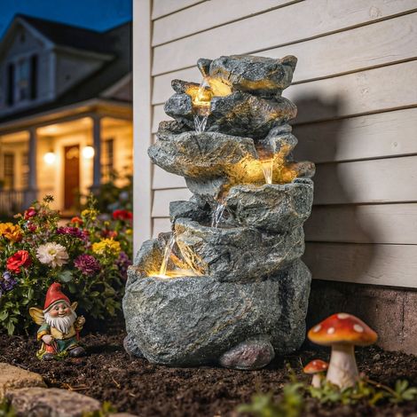Fontaine de Jardin Cascade 6 Niveaux Décoration de Jardin Résine Pierre Naturelle 33 x 27 x 53 cm