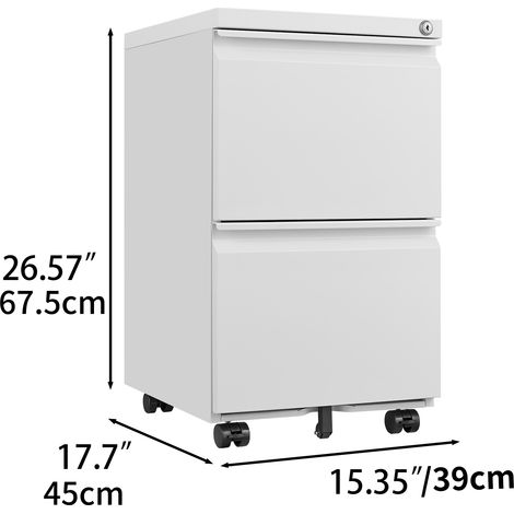 Classeur métallique mobile blanc 2 tiroirs verrouillable, meuble de bureau sous table en acier, hauteur 65 cm pour documents format légal/lettre. (1/4)