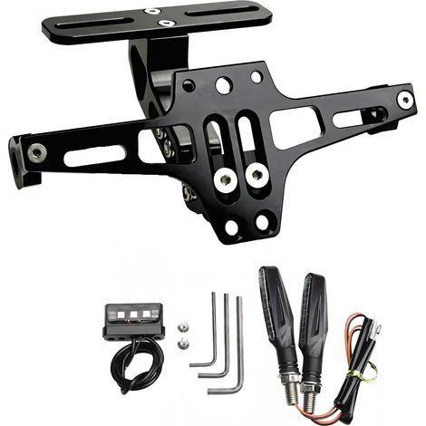 Portamatrículas de motocicleta con luz LED giratoria (izquierdo y derecho). Soporte de matrícula de aluminio ajustable para la mayoría de los modelos de motocicleta (negro). (1/5)