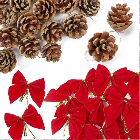 Guirlande de décorations de Noël à suspendre pour sapin : 36 nœuds rouges, 18 pommes de pin et autres boules naturelles. (1/5)