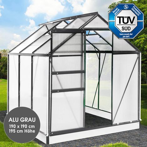 BRAST Gewächshaus Aluminium mit Fundament rostfrei TÜV geprüft 6mm Platten 190x190x195cm Grau (1/5)
