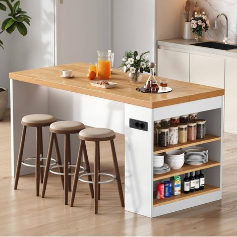 Isla de cocina 155 x 80 x 90 cm con LED, 2 enchufes AC + 2 USB, encimera 40 mm, MDF blanco (1/5)