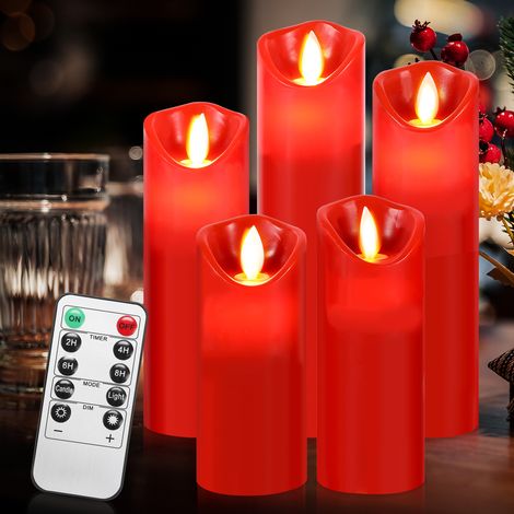 Randaco LED Kerzen 10er Set Echtwachs Flackernd Flammenlose mit Fernbedienung Timer Funktion & mehrstufig dimmbar bewegliche Flamme Echtwachskerzen Rot