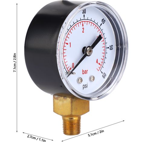 50-mm-Manometer mit 1/8-BSPT-Bodenanschluss für Luft, Wasser, Öl, Gas (0-60 PSI, 0-4 bar) (1/5)