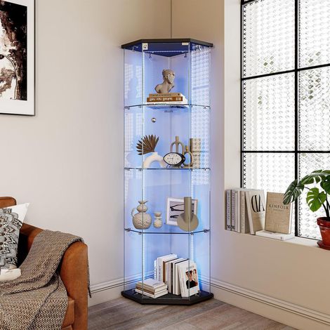 Eckvitrine Glasvitrine mit LED Beleuchtung, 4 Etagen, für Sammlerstücke (1/5)