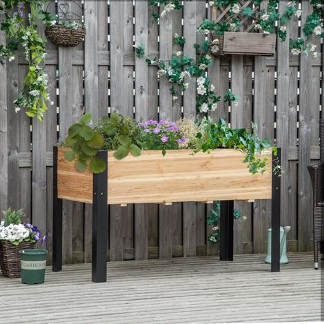 Bac à jardinières surélevé - acier naturel+noir 120 x 60 x 74 cm - bac de fleurs - parterre d’herbes avec bois massif non tissé - Idéal