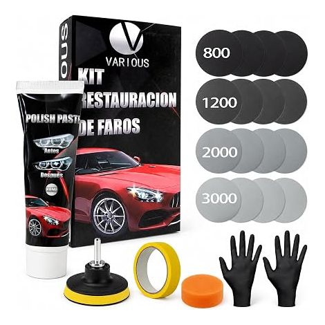 Car Headlight Refurbishment Kit, Optical Renovator with Polish 80 ml, 16 Abrasive Discs P800-P3000, Adapter Drill, Sponge, Protection, for Yellow Headlights (1/5)