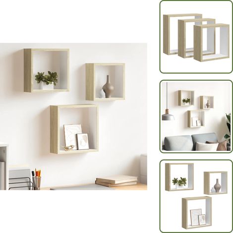 Étagères murales sous forme de cube 3 pcs Blanc et chêne sonoma - Etagere Murale - Étagères Murales - Étagères Cubes - Rangement Mural - Décoration Murale (1/5)