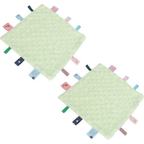 Lot de 2 couvertures de sécurité pour bébé en pur coton avec étiquettes colorées, idéales pour le développement sensoriel et le réconfort de bébé (vert). (1/5)