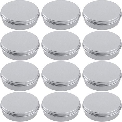 Lata de aluminio de 60 ml (2 oz), envase rellenable, botellas redondas de aluminio con tapa de rosca para cosméticos, bálsamo labial y cremas, paquete de 12 unidades.