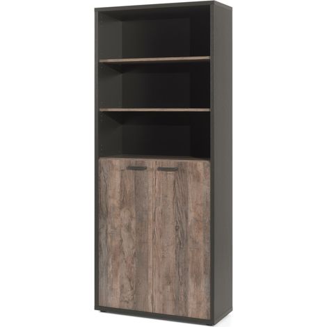 Libreria da Ufficio - Mobile con 2 Porte e Scaffali in Rovere Invecchiato e Nero Collezione SOON Meublorama (1/3)