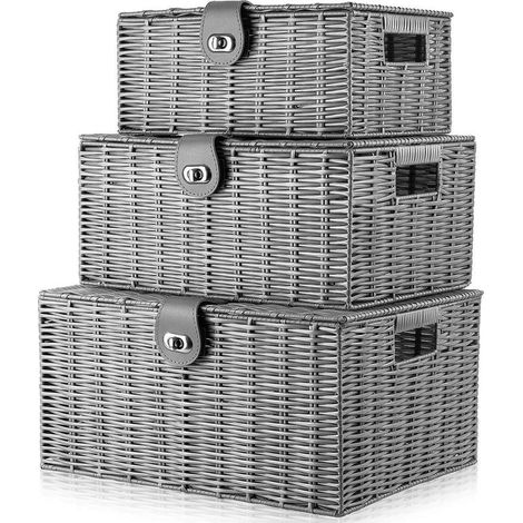 Lot de 3 Paniers de Rangement Tissés en Osier Empilables avec Couvercle et Serrure, pour Chambre D'enfant, Toilette de Bébé, Couches, Jouets, Placard de Maison, Linge, DVD, Livre (Gris) (1/5)