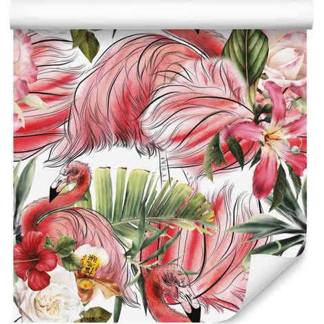 Papel pintado con flamencos, rosas, flores y hojas para salón y dormitorio, 50x1000 cm. (1/5)