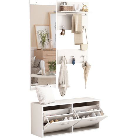 CHICFURN Mueble zapatero blanco 90 x 30 x 41,5 cm, 4 piezas con espejo (1/5)