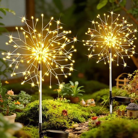 2 x Outdoor Solar Garden Lights, Waterproof Fire Dartifice Ground Lamps With 150 LEDs, 8 Lighting Modes, Warm White, Garden, Outdoor Terrace, Courtyard, Balcony Decorative (1/5)