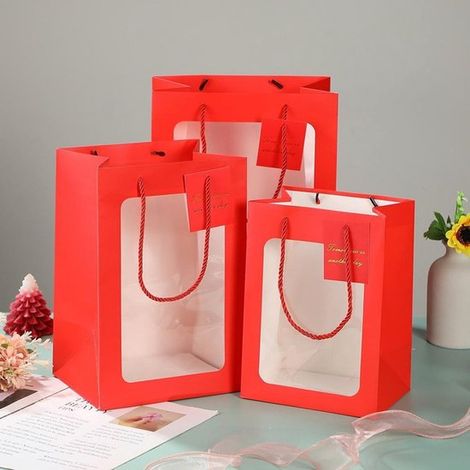 Eleganti sacchetti regalo bianchi con finestra trasparente, set da 6, 3 diverse misure, sacchetti di carta per fiori e regali, robusta borsa per il trasporto (1/5)