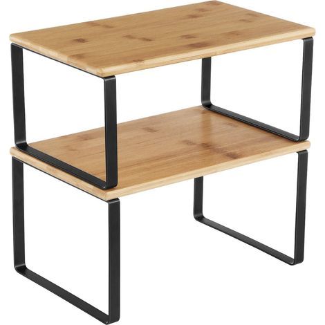 CREA Gewürzregal, 2er-Set, Schrankorganizer, ausziehbares Küchenregal, stapelbar, Metall, Holzwerkstoff, Tiefschwarz und Naturbeige (1/5)