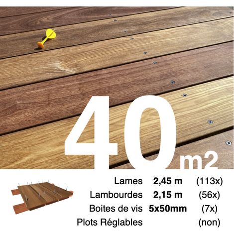 Kit terrasse bois exotique CUMARU pour 40 m² • Lames 2,45 m, lambourdes 2,15 m et visserie Inox • Livraison gratuite