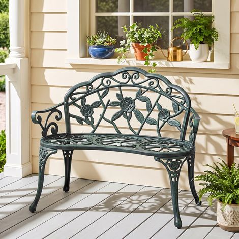 Banc de Jardin 2 Places Style néo-rétro Motif Rose Lignes fuselées 100L x 54l x 78H cm Fonte d'aluminium Vert (1/5)
