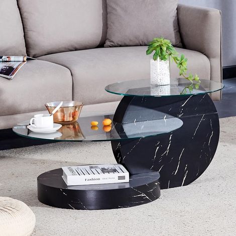 Table basse minimaliste moderne à deux niveaux en verre de de haute qualité agrémenté de finitions texturées noires