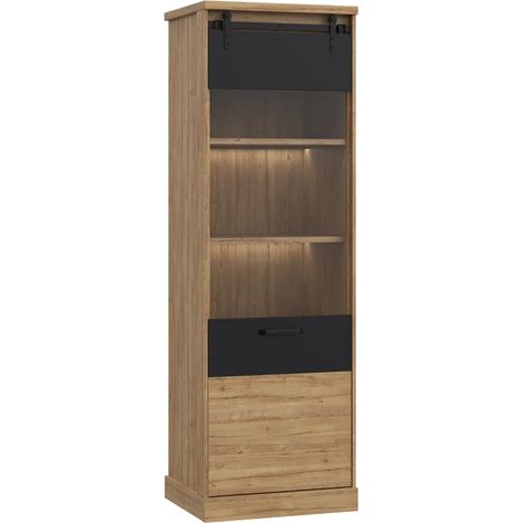 Colonne vitrée 1 porte décor chêne et noir mat éclairage LED - FARM (1/5)