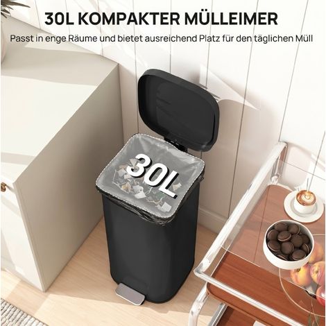 Cubo de basura de cocina con pedal 30 L 29x36x59,5 cm de metal negro, cierre suave (1/5)