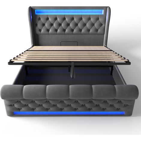 Cama doble tapizada 140x190 cm en terciopelo gris con LED, almacenaje, USB y USB-C (1/5)