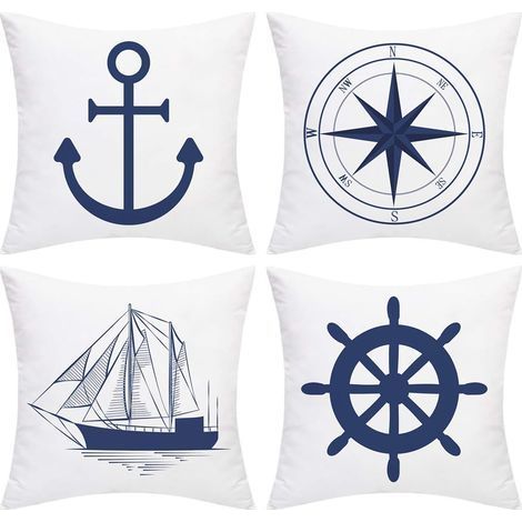 TAISHENGDA-Lot de 4 housses de coussin nautiques - Motif ancre marine - Navigation - Boussole - 45 x 45 cm - Style marin - Blanc et bleu (1/5)