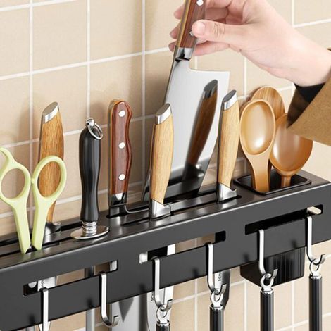 Support Mural Pour Couteaux - Acier Au Carbone - 40 Cm - 6 Crochets Amovibles - Convient Cuisine Maison Et Professionnelle - 1 Pièce (1/5)