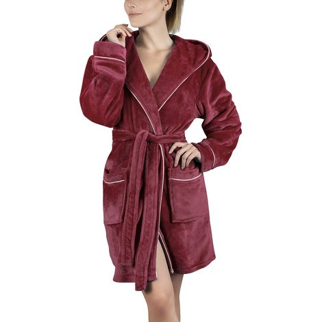1 Peignoir femme, capuche, long, 60% coton, bordeaux, taille L, intérieur, spa (1/5)