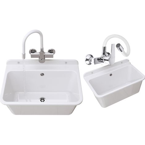 Évier utilitaire - Blanc - 610x410x300 mm - Robinet flexible 360° - Siphon inclus - Large (1/5)