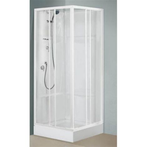 Alutrade – Cabine de douche d'angle OCEANE – Dimensions 80 x 80 cm – Verre transparent – Profilés blancs – Accès d'angle porte coulissante (1/2)