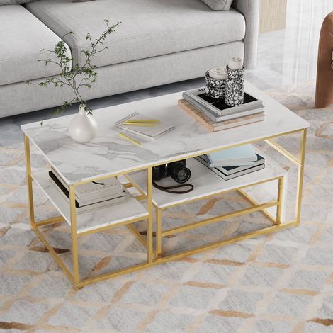 Tavolino da caffè a nido rettangolare, effetto marmo design moderno con telaio in metallo, ripiani, set di 2 tavolini modulari e multifunzionali - Bianco e dorato (1/5)
