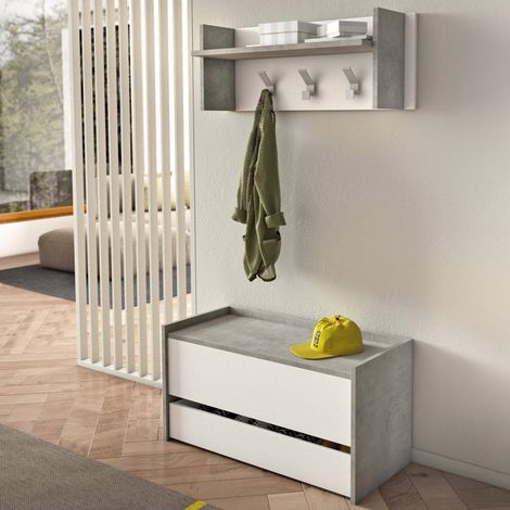 Dmora - Mueble de entrada Dap, Entrada moderna con perchero, Mueble con zapatero, Armario multifunción, Cm 50x32h182, Cemento y Blanco