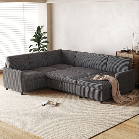 Sofá esquinero en forma de U de 274x220x85 cm, con espacio de almacenamiento, estructura estable para salón, tejido acanalado gris (1/5)