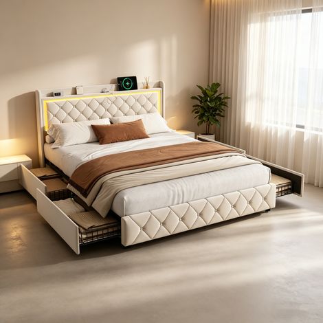 Lit 140x190 cm avec tiroirs, lit capitonné vec bande lumineuse LED et chargement USB, lit Double, Lits de Rangement–Sommier à lattes